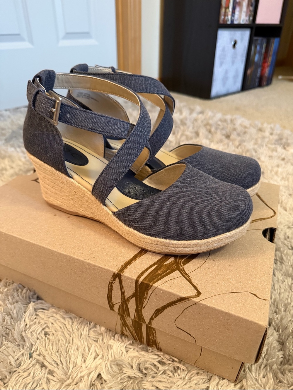 b.o.c. Navy Denim-Look Crisscross Espadrille Wedges